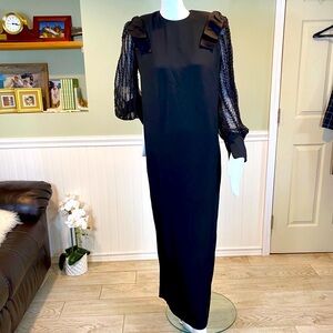80s Richilene Saks 5th Ave Black Formal Gown, Long Beaded Organza Balloon Sleeve